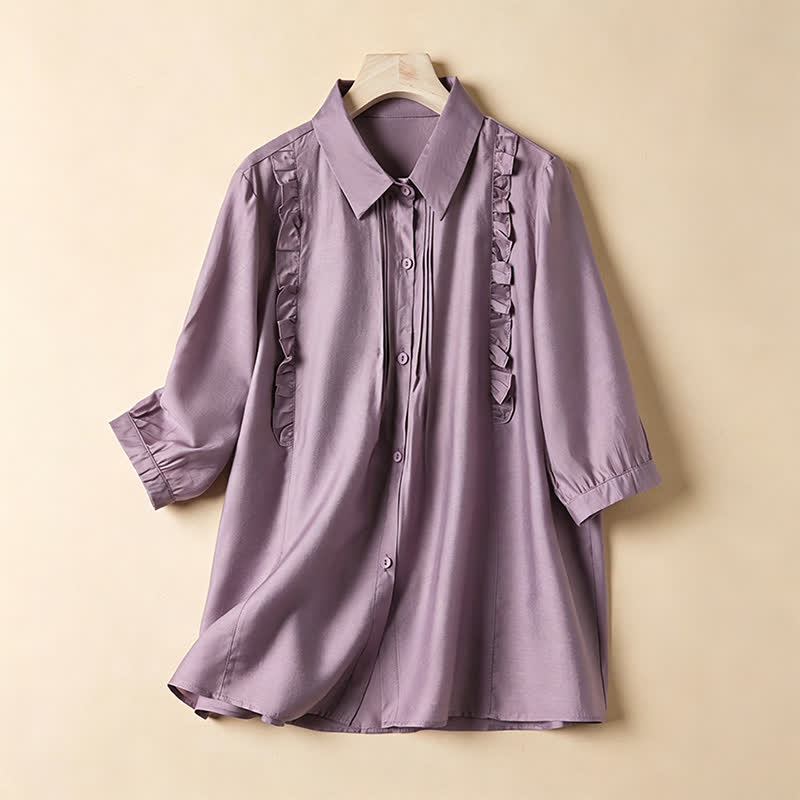 Buddha Stones Elegante vintage zomerblouse met knoopsluiting, effen voorkant, geplooide details en ruches. Overhemden met Korte mouw. - Distel - US8-10, UK/AU12-14, EU40-42 (2XL) - image 0