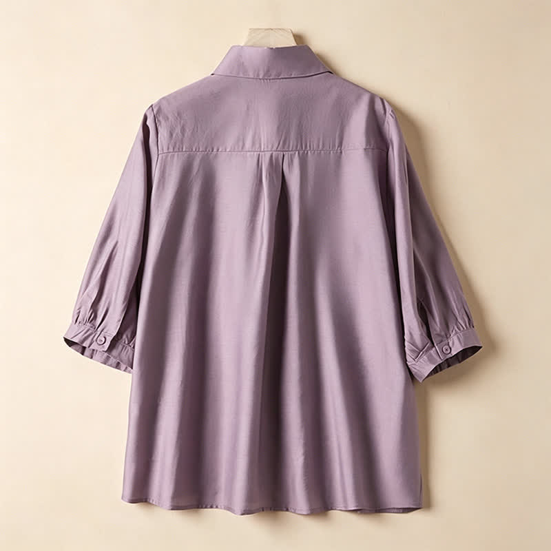 Buddha Stones Elegante vintage zomerblouse met knoopsluiting, effen voorkant, geplooide details en ruches. Overhemden met Korte mouw. - image 1