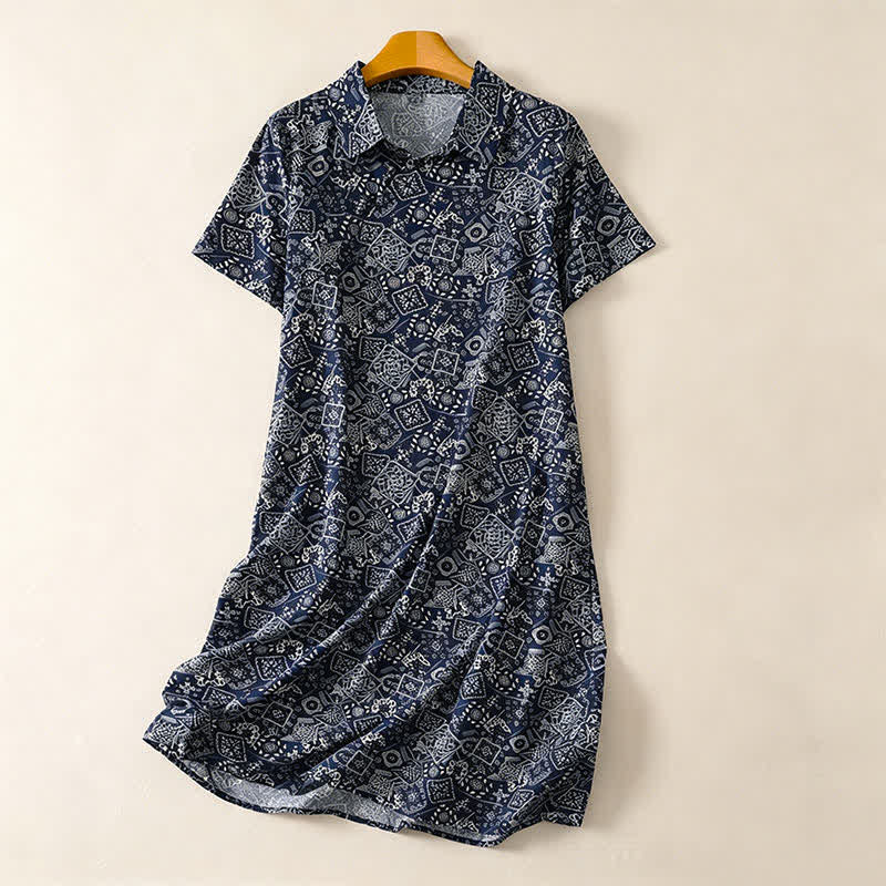 Buddha Stones Zomerse casual vintage jurk met knoopsluiting, geometrische print, Korte mouw, Knielengte en Zakken voor dames. - Middernachtblauw - US12, UK/AU16, EU44 (2XL) - image 0