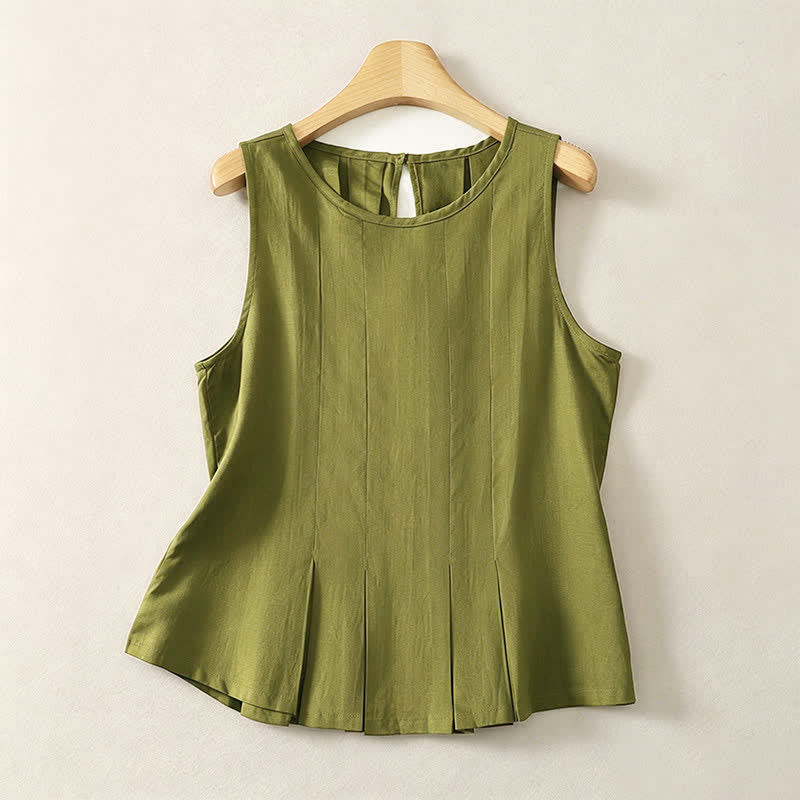 Buddha Stones Elegante zomerse geplooide effen tanktop met verticale naad, Mouwloos T-shirts voor dames - Olijfgroen - US8-10, UK/AU12-14, EU40-42 (2XL) - image 0