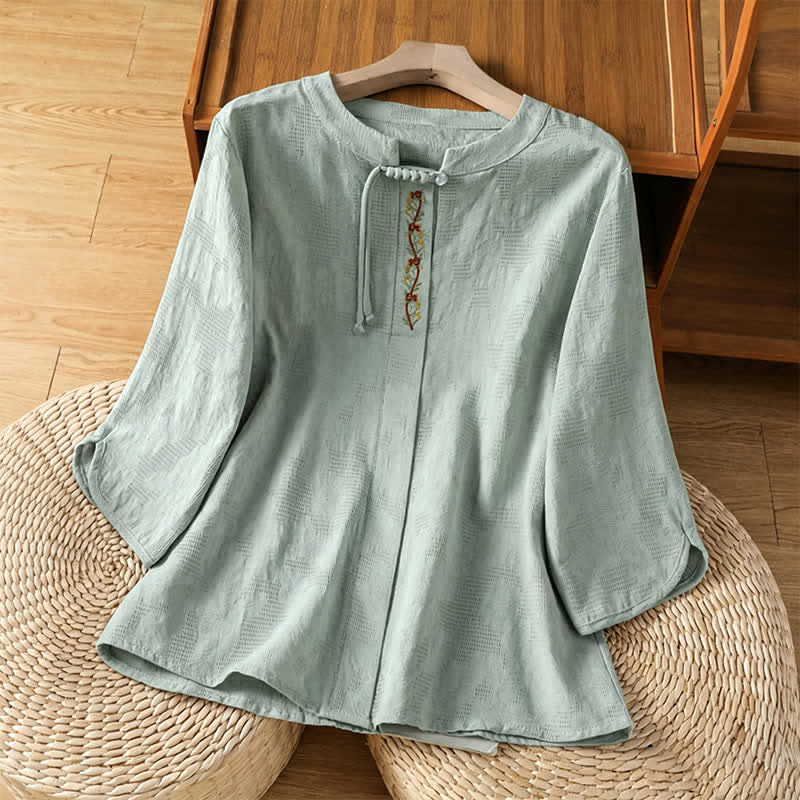Buddha Stones Zomerse boho Tang-stijl geborduurde Overhemden met trekkoord en Korte mouw. - Lichtgroen - US12, UK/AU16, EU44 (3XL) - image 0