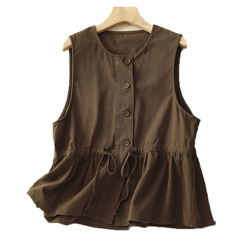 Buddha Stones Zomerse casual vintage tanktop met knoopsluiting en trekkoord, effen kleur, Mouwloos Overhemden voor dames - image 1