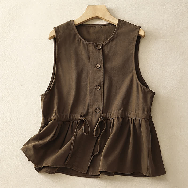 Buddha Stones Zomerse casual vintage tanktop met knoopsluiting en trekkoord, effen kleur, Mouwloos Overhemden voor dames - Sienna - US8-10, UK/AU12-14, EU40-42 (2XL) - image 0