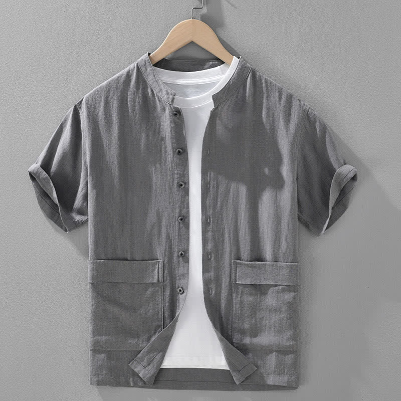 Buddha Stones Vintage Mandarin kraag, knoopsluiting, effen kleur, Korte mouw en Overhemden voor Zakken. - Grijs - US/UK/AU42, EU52 (3XL) - image 0