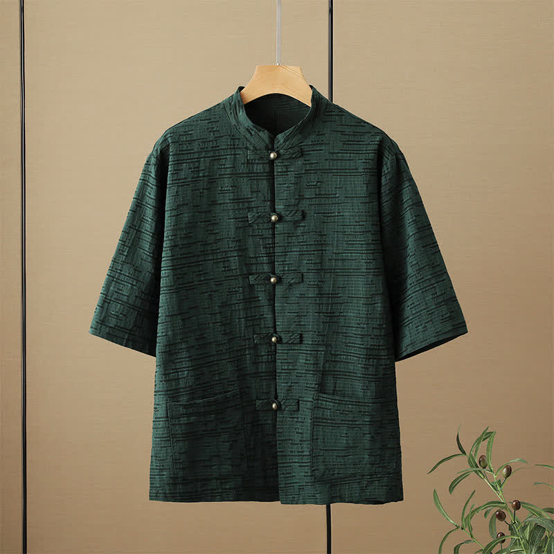 Buddha Stones Zomerse Tang-stijl casual Overhemden met Mandarin kraag, kikkerknopen en Mouw tot de elleboog, inclusief Zakken. - Donkergroen - US/UK/AU48, EU58 (6XL) - image 0