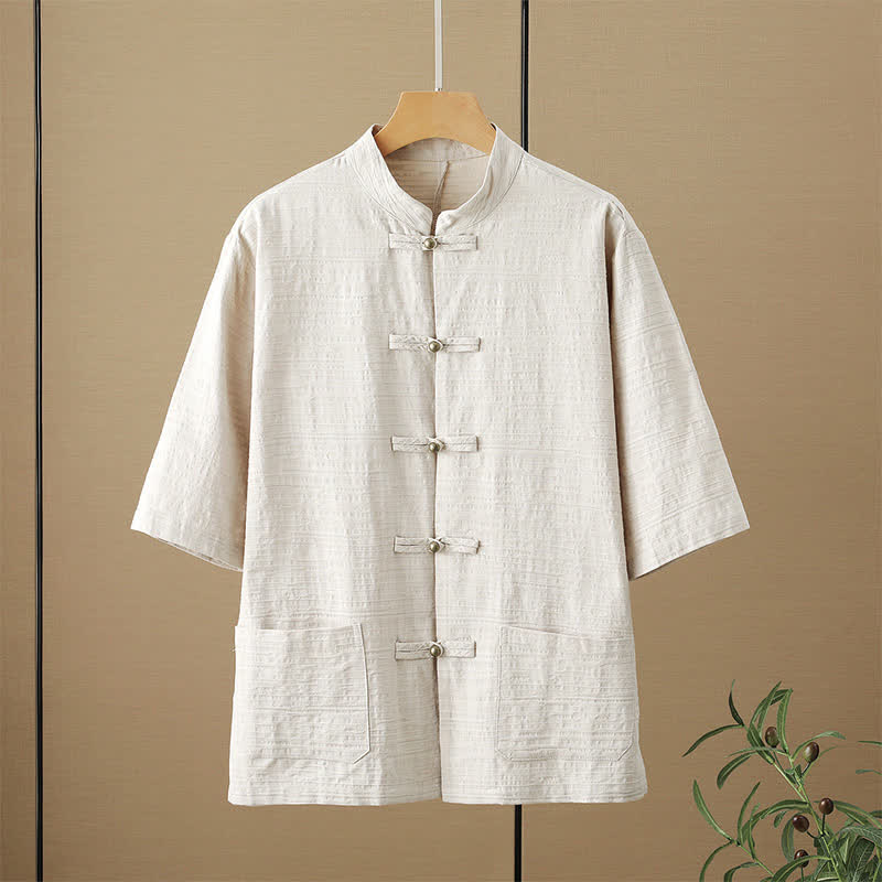 Buddha Stones Zomerse Tang-stijl casual Overhemden met Mandarin kraag, kikkerknopen en Mouw tot de elleboog, inclusief Zakken. - Beige - US/UK/AU48, EU58 (6XL) - image 1