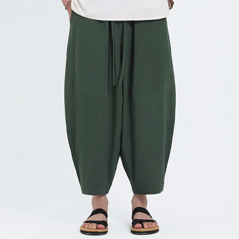 Buddha Stones Zomerse casual capri broek met trekkoord, effen katoen-linnen model, heren harembroek met Zakken - image 1