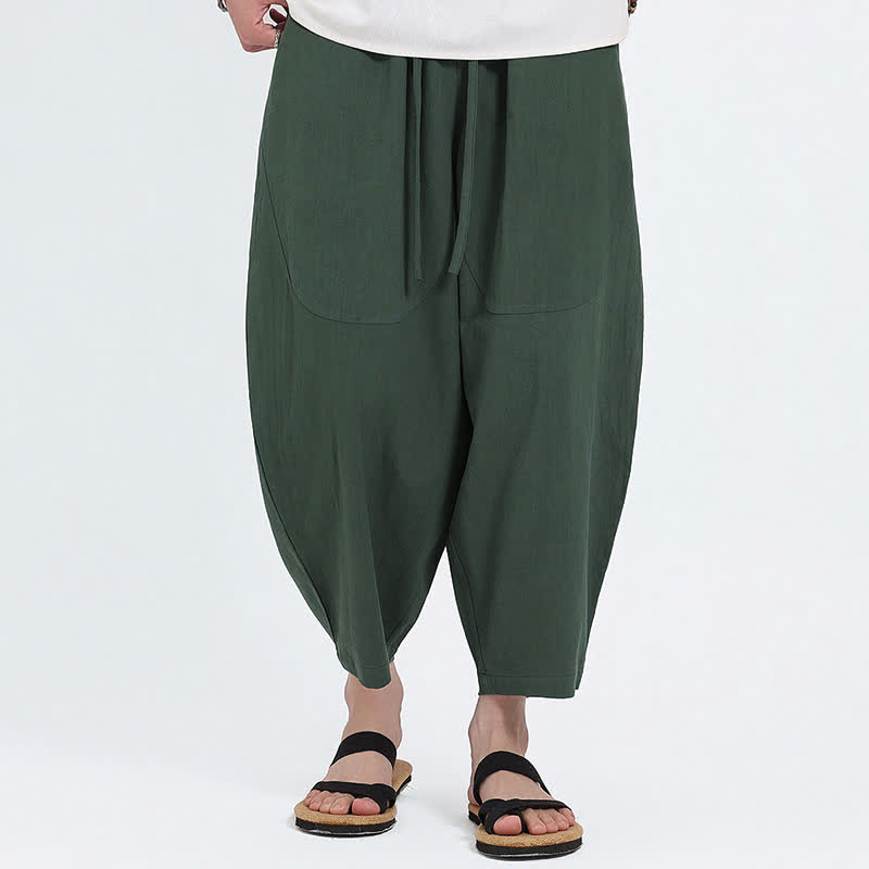 Buddha Stones Zomerse casual capri broek met trekkoord, effen katoen-linnen model, heren harembroek met Zakken - Bosgroen - US/UK/AU46, EU56 (5XL) - image 0
