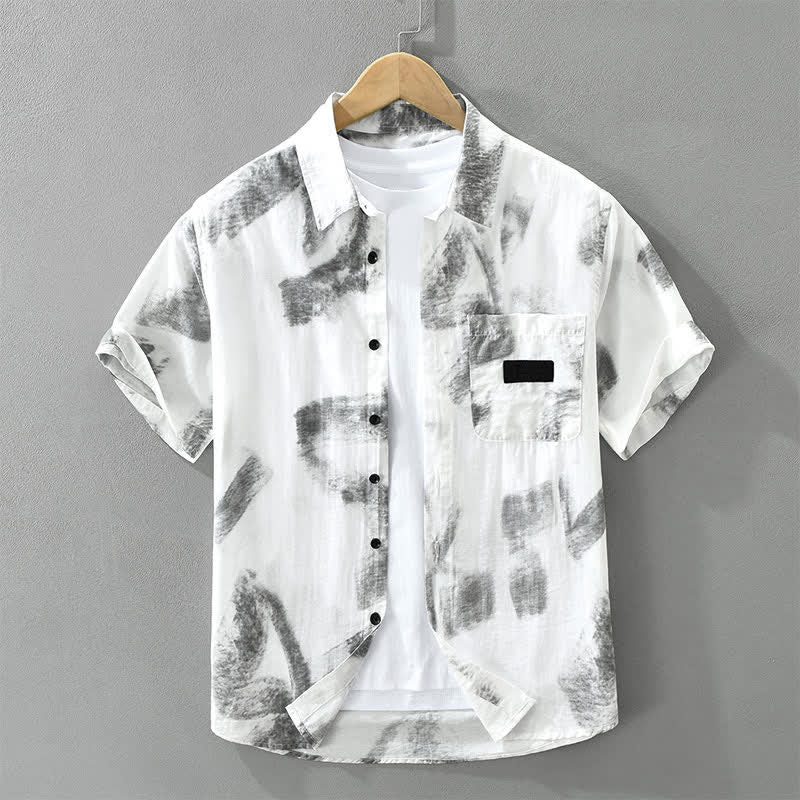 Buddha Stones Zomerse casual Overhemden met Korte mouw en abstract print, inclusief zakje. - Witte rook - US/UK/AU42, EU52 (3XL) - image 0