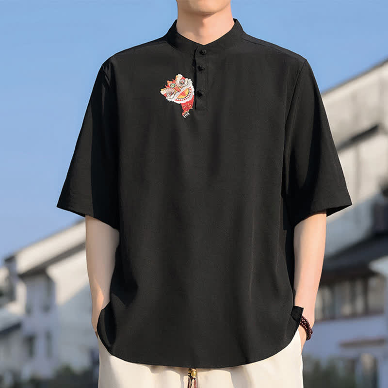 Buddha Stones Zomerse Tang-stijl Overhemden met Mandarin kraag en borduurwerk, effen kleur, Korte mouw - Zwart - US/UK/AU46, EU56 (5XL) - image 0