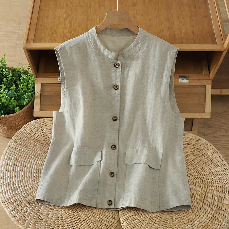 Buddha Stones Zomerse Tang-stijl minimalistische Mouwloos Overhemden met Mandarin kraag en knoopsluiting, effen kleur, met zakje - Beige - US12, UK/AU16, EU44 (2XL) - image 0