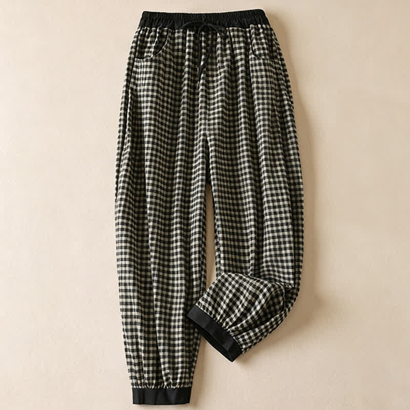 Buddha Stones Zomerse casual minimalistische geruite Cropped broek met trekkoord en zakken voor dames - Wit - US8-10, UK/AU12-14, EU40-42 (2XL) - image 0
