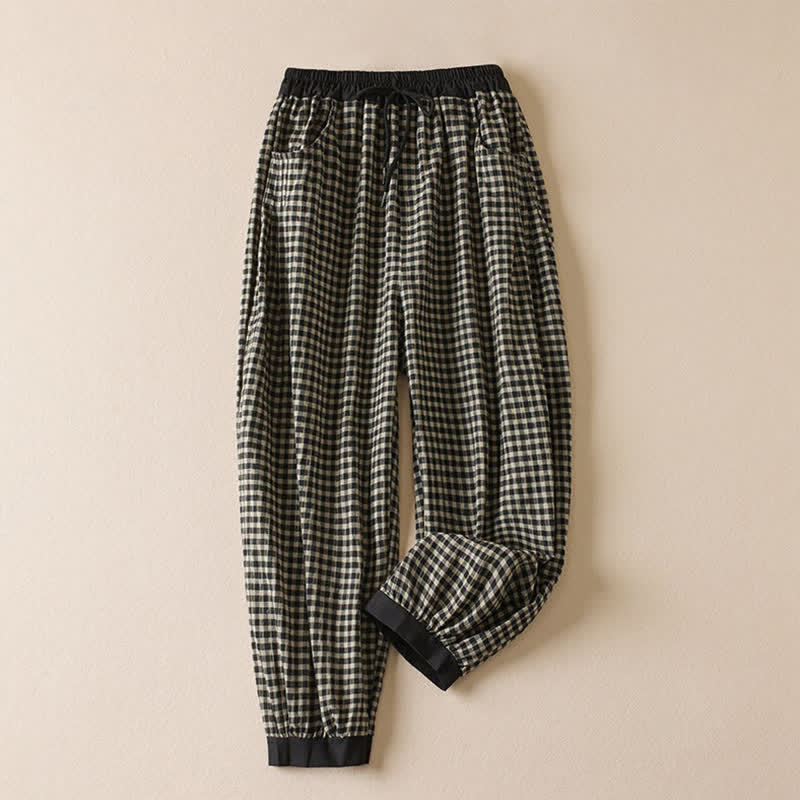 Buddha Stones Zomerse casual minimalistische geruite Cropped broek met trekkoord en zakken voor dames - image 1