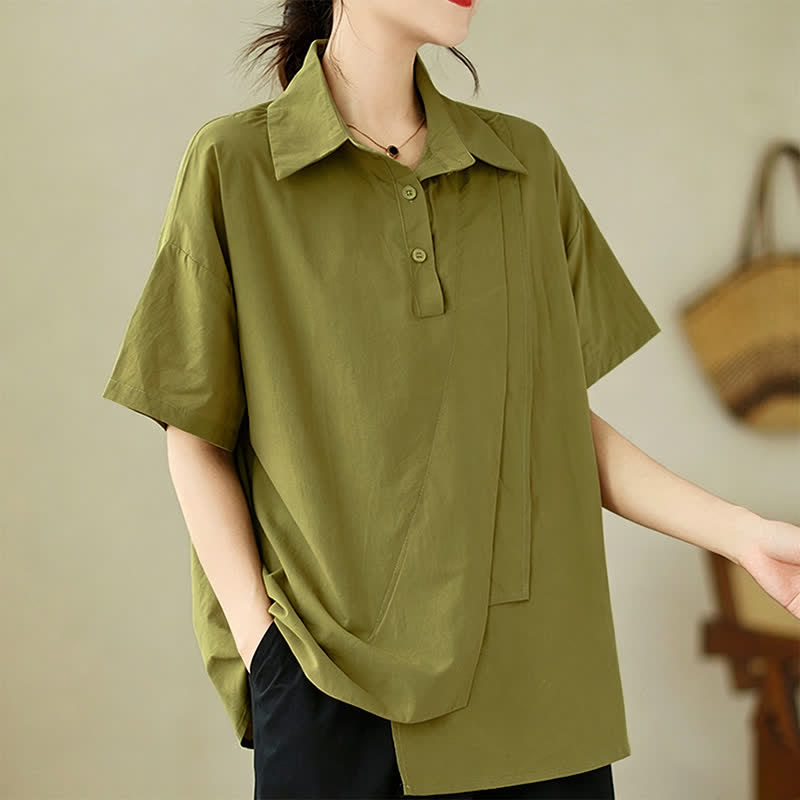 Buddha Stones Zomerse casual minimalistische blouse met knoopsluiting, effen kleur, asymmetrisch gelaagd design, Overhemden met Korte mouw - image 1