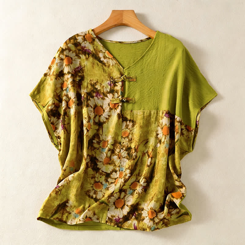 Buddha Stones Zomerse casual vintage Tang-stijl Pankou dames T Overhemden met Korte mouw en bloemenprint (zonnebloemen) - Geelgroen - US4-12, UK/AU8-16, EU36-44 (F) - image 0