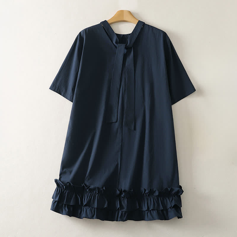 Buddha Stones Zomerse, casual, elegante jurk met strik bij de hals en ruches aan de zoom voor dames met Korte mouw - Middernachtblauw - US14, UK/AU18, EU46 (2XL) - image 0