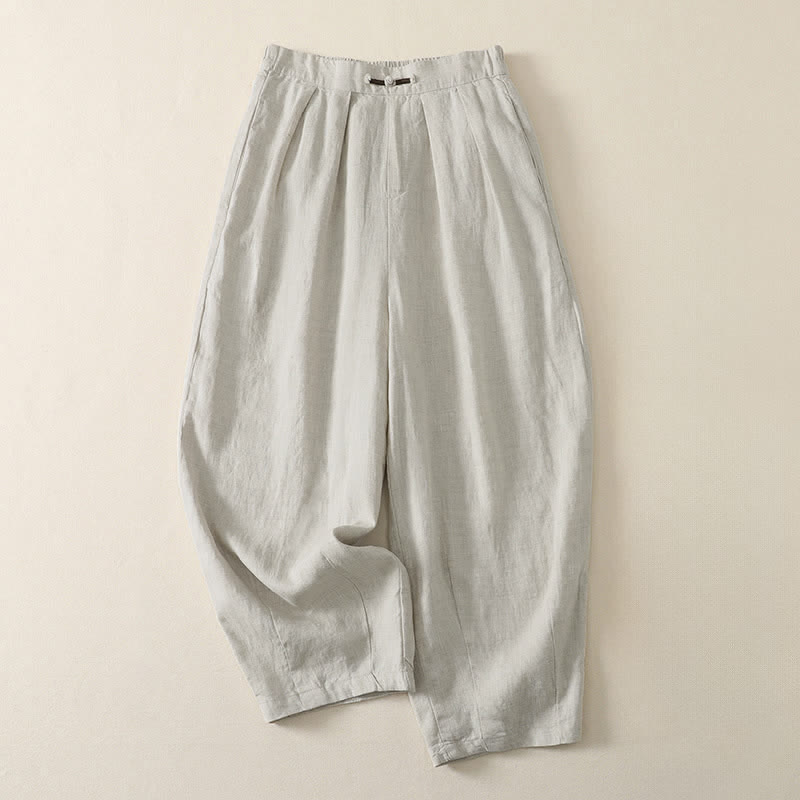 Buddha Stones Zomerse casual minimalistische effen Cropped broek met plooien, harembroek voor dames met Zakken - Linnen - US8-10, UK/AU12-14, EU40-42 (2XL) - image 0
