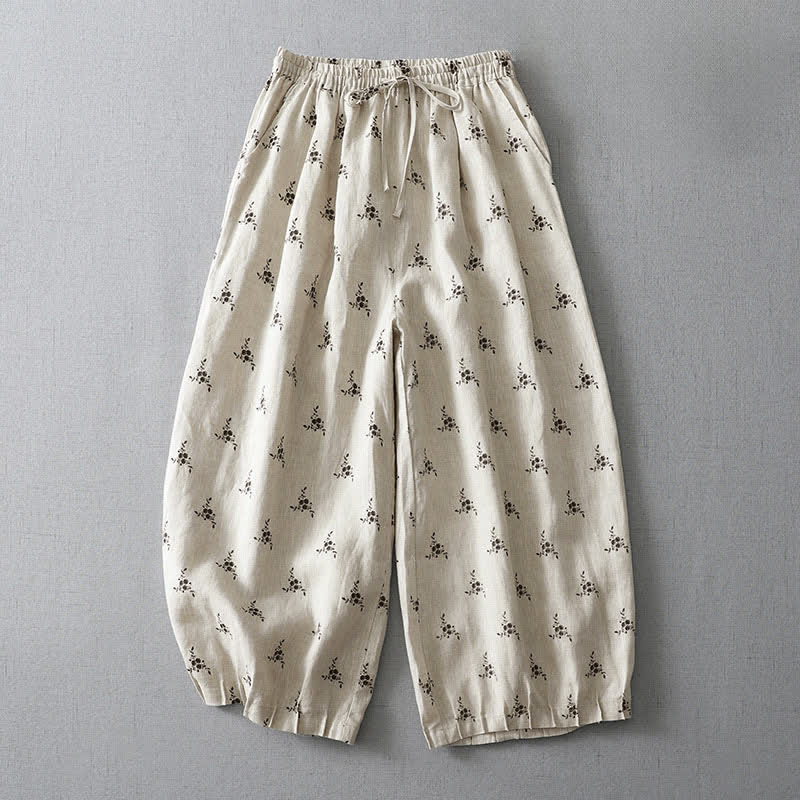 Buddha Stones Zomerse casual vintage broek met trekkoord, bloemenprint en stippen , Cropped, harembroek voor dames met zakken - Sneeuw - US8-10，UK/AU12-14，EU40-42 (2XL) - image 0