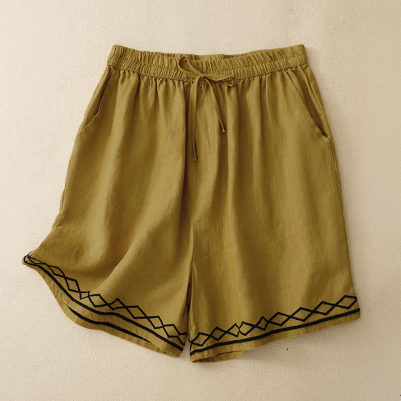 Buddha Stones Zomerse, casual, minimalistische damesshorts met trekkoord, geborduurde golvende lijnen en geometrische vormen, inclusief Zakken. - Guldenroede - US8-10, UK/AU12-14, EU40-42 (2XL) - image 0