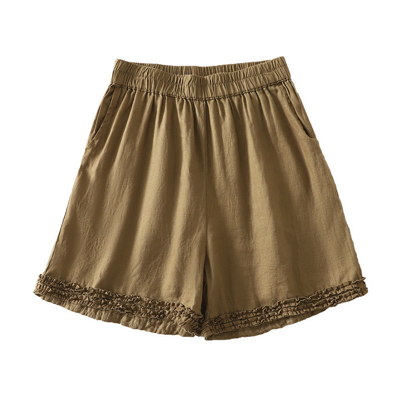 Buddha Stones Zomerse casual vintage damesshorts met elastische Taille , ruches aan de zoom en Zakken - Bruinen - US8-10, UK/AU12-14, EU40-42 (2XL) - image 0
