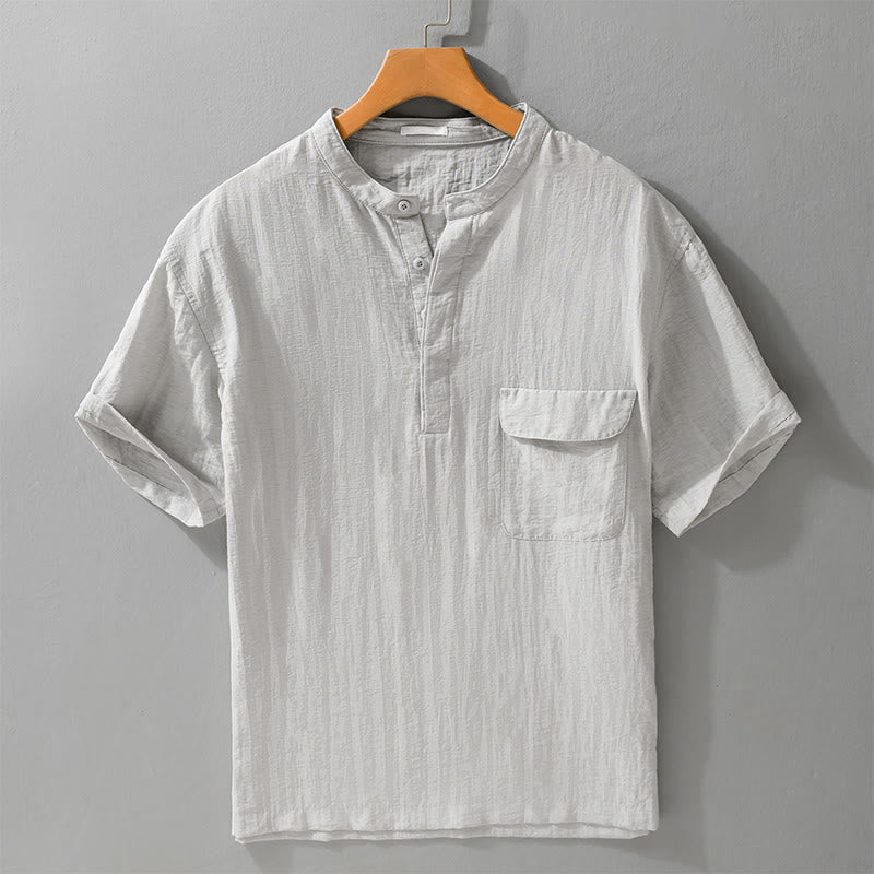 Buddha Stones Zomerse casual Tang-stijl Overhemden met Mandarin kraag, halve knoopsluiting, effen kleur, Korte mouw en decoratieve zak - Gainsboro - US/UK/AU42, EU52 (3XL) - image 0