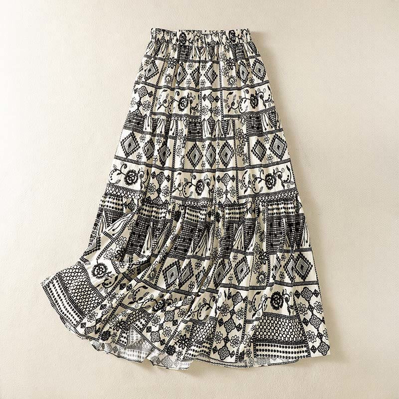 Buddha Stones Zomerse bohemian casual zwarte beige geometrische bloemenrok voor dames - Beige - US4-6, UK/AU8-10, EU36-38 (SM) - image 0