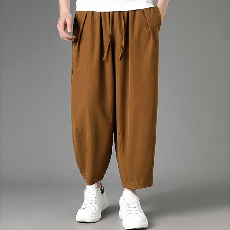 Buddha Stones Zomerse casual minimalistische capri broek met trekkoord, effen kleur, heren harembroek met Zakken - image 1