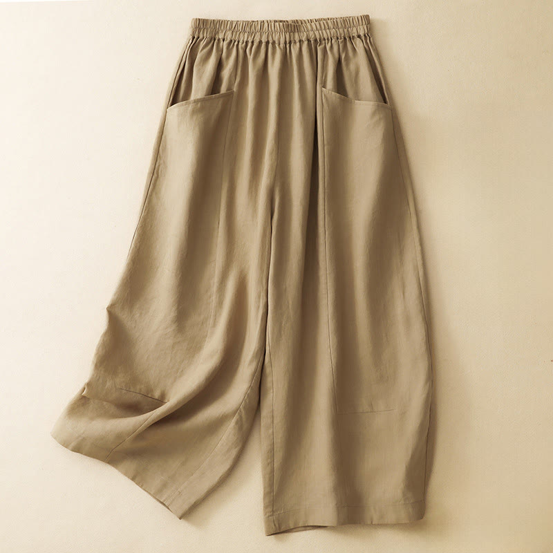 Buddha Stones Zomerse casual Cropped broek met elastische Taille en wijde pijpen voor dames, met Zakken. - Bruinen - US12, UK/AU16, EU44 (2XL) - image 0