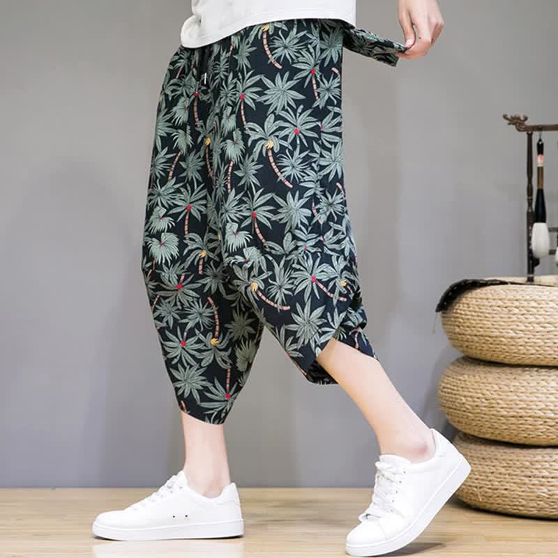 Buddha Stones Zomerse boho casual capri broek met trekkoord en bloemenprint, heren harembroek met zakken - Zwart - US/UK/AU46, EU56 (5XL) - image 0