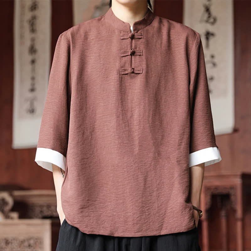 Buddha Stones Zomerse Tang-stijl vintage Overhemden met Mandarin kraag en kikkerknopen, effen kleur, Mouw tot de elleboog. - Donkere zalm - US/UK/AU46, EU56 (5XL) - image 0