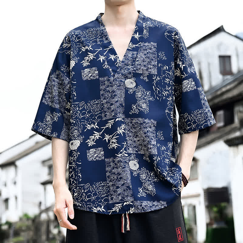 Buddha Stones Zomerse casual Tang-stijl T-shirts met bloemenprint en V-hals voor heren, Korte mouw. - Marine - US/UK/AU46, EU56 (5XL) - image 0