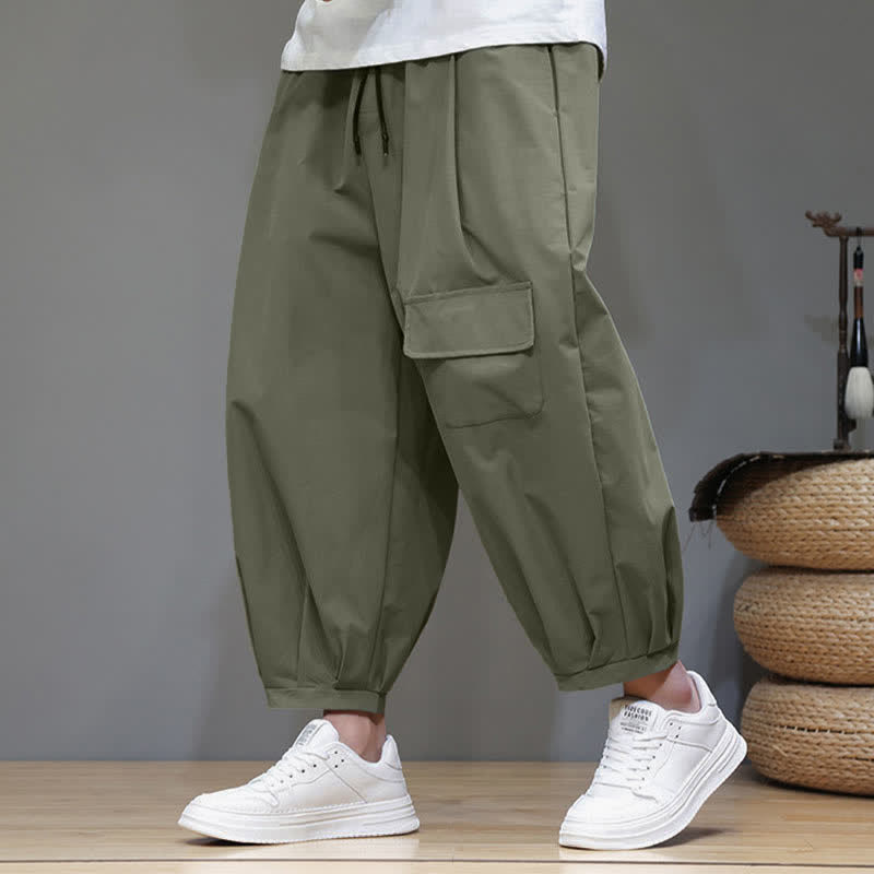 Buddha Stones Zomerse casual minimalistische capri broek met trekkoord, effen kleur, heren harembroek met Zakken - Donkerzeegroen - US/UK/AU46, EU56 (5XL) - image 0
