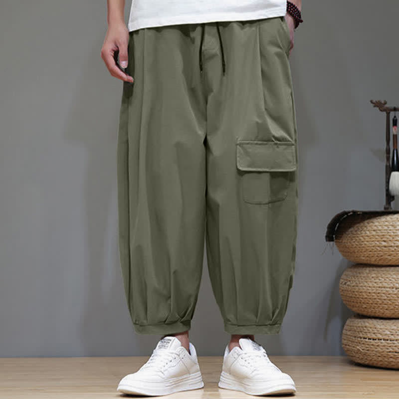 Buddha Stones Zomerse casual minimalistische capri broek met trekkoord, effen kleur, heren harembroek met Zakken - image 1