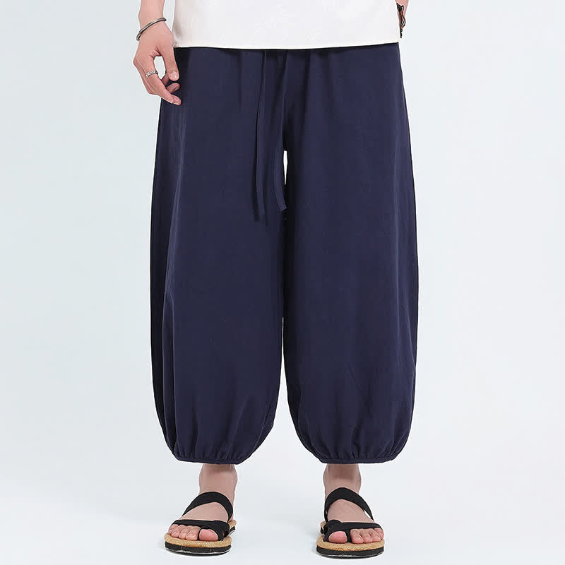 Buddha Stones Zomerse Tang-stijl casual korte broek met trekkoord, effen Cropped, harembroek voor heren met Zakken - Middernachtblauw - US/UK/AU46, EU56 (5XL) - image 0