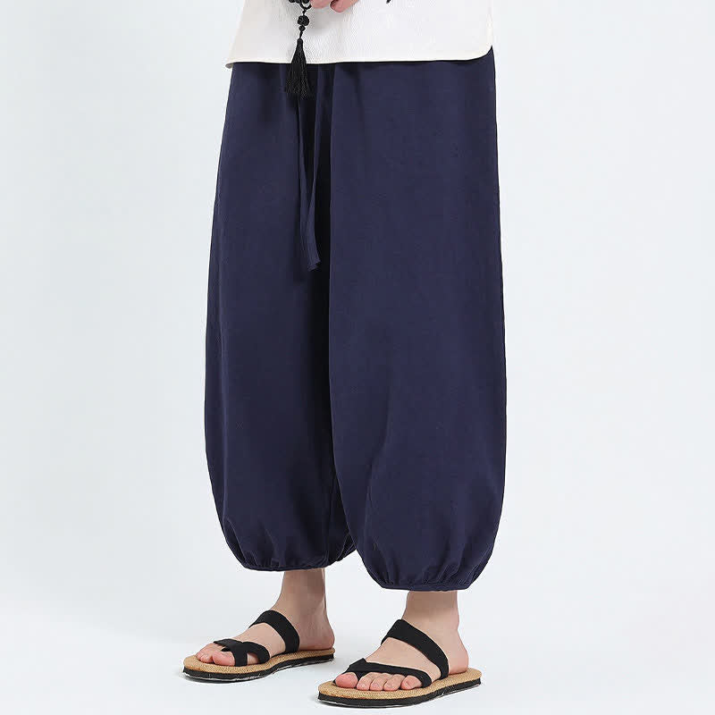 Buddha Stones Zomerse Tang-stijl casual korte broek met trekkoord, effen Cropped, harembroek voor heren met Zakken - image 1