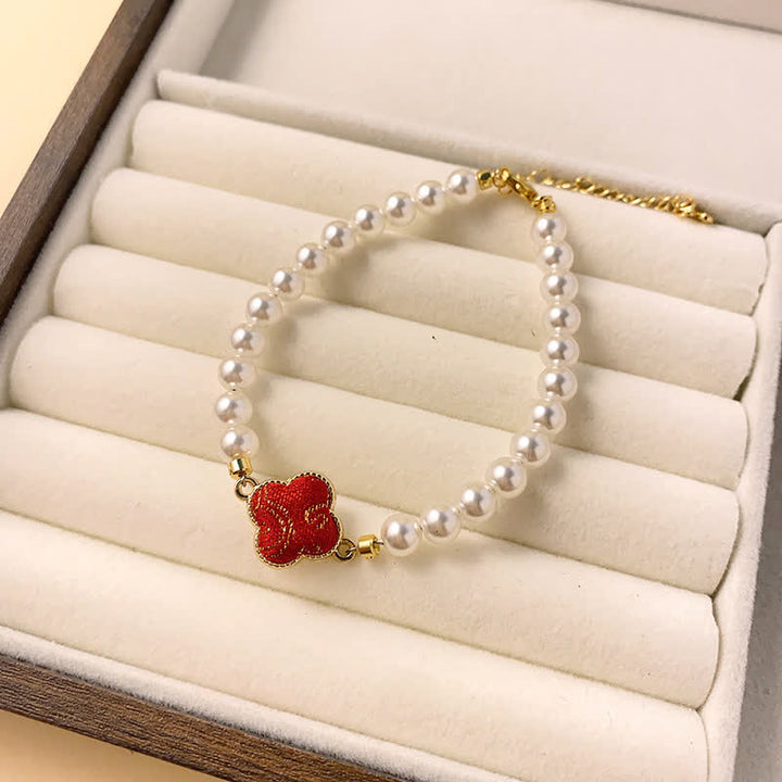 Buddha Stones Parel Song Brokaat Klaver Zuiverheid Nieuwe Chinese Armband - Rood (zelfde kleurtint – patroon varieert) - image 0