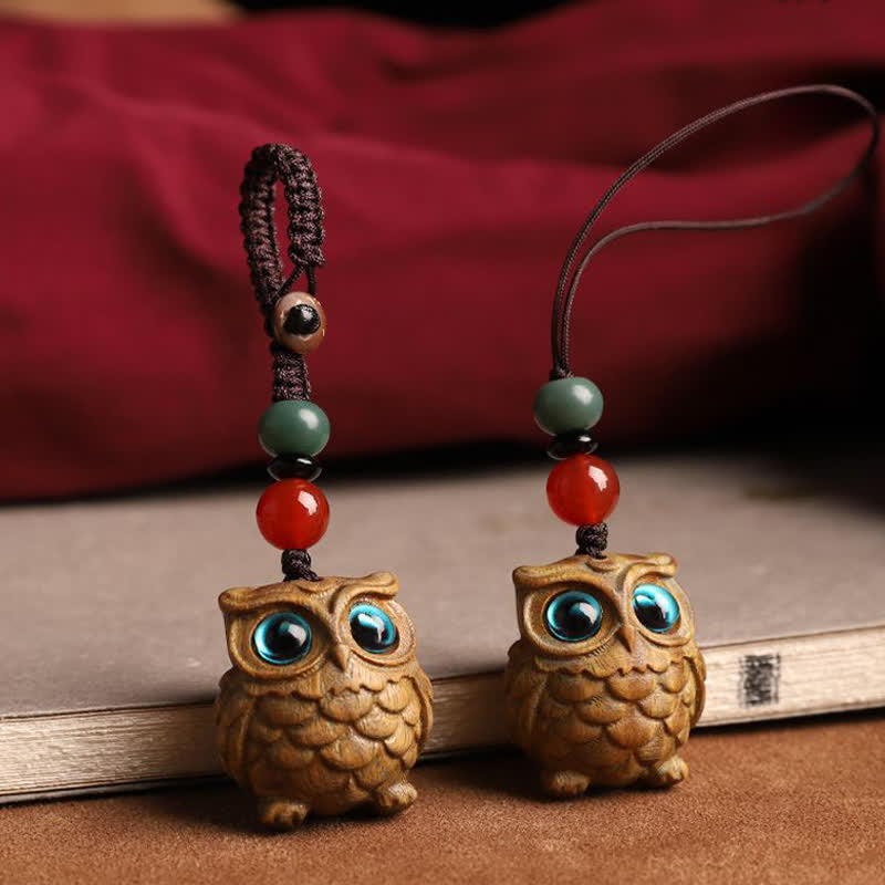 Buddha Stones Groene sandelhouten uil Serenity handgesneden gevlochten Sleutelhangers - image 7