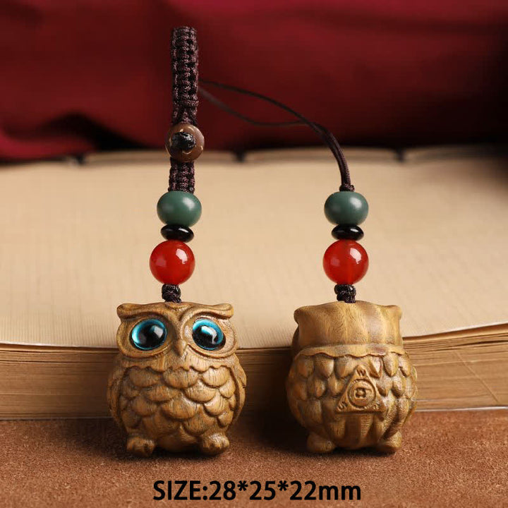 Buddha Stones Groene sandelhouten uil Serenity handgesneden gevlochten Sleutelhangers - image 8