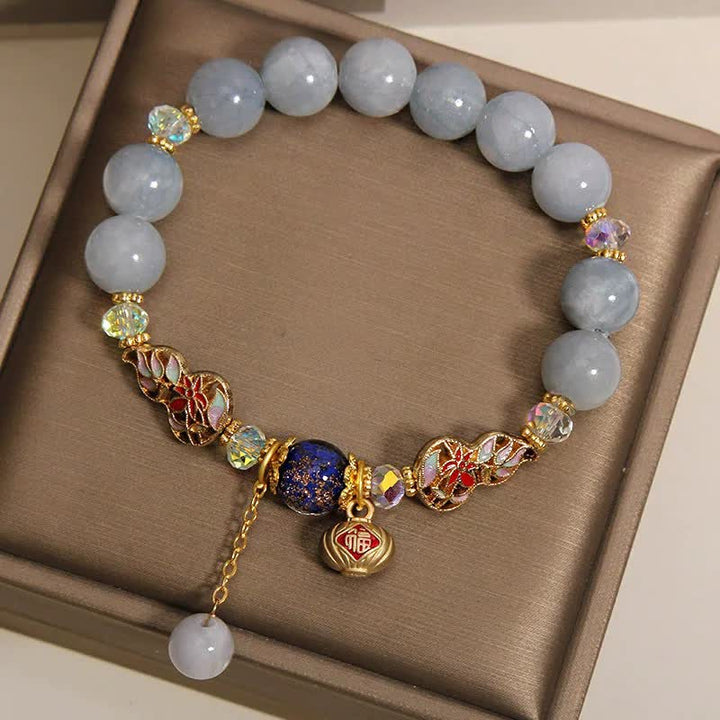 Buddha Stones Aquamarijn Fu Character Luck Cloisonné Kalebas Dangle Ronde Armband - image 3