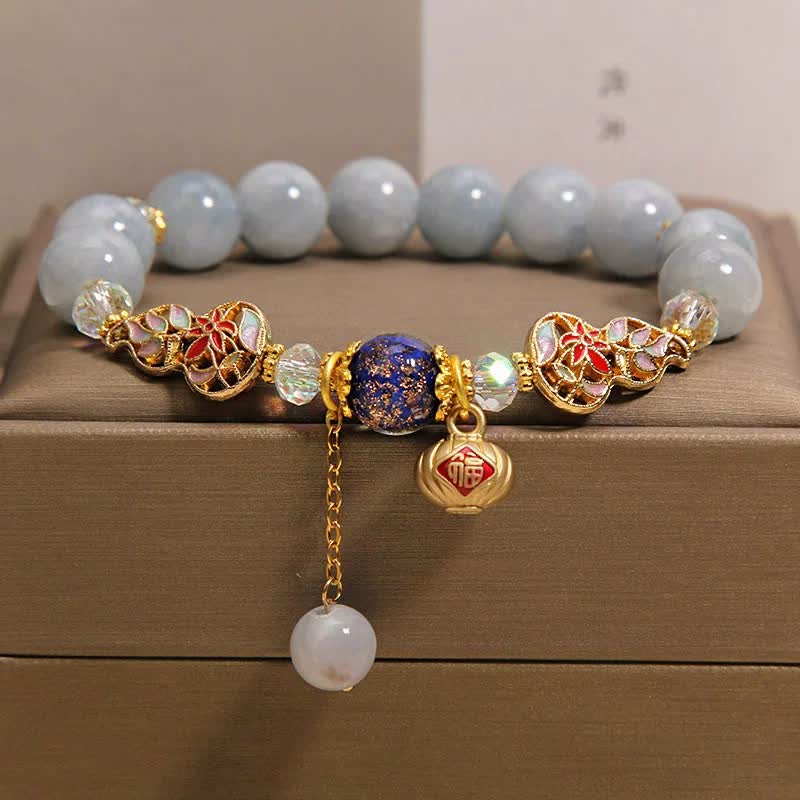 Buddha Stones Aquamarijn Fu Character Luck Cloisonné Kalebas Dangle Ronde Armband - Aquamarijn (Moed ♥ Kalmerend) - image 0