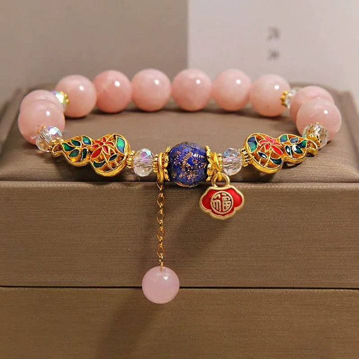 Buddha Stones Aquamarijn Fu Character Luck Cloisonné Kalebas Dangle Ronde Armband - Roze chalcedoon (Innerlijke rust ♥ Vergeving) - image 9