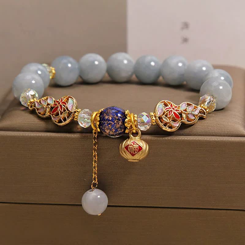 Buddha Stones Aquamarijn Fu Character Luck Cloisonné Kalebas Dangle Ronde Armband - image 1