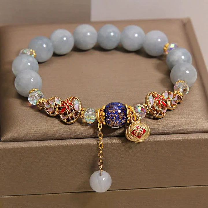 Buddha Stones Aquamarijn Fu Character Luck Cloisonné Kalebas Dangle Ronde Armband - image 2