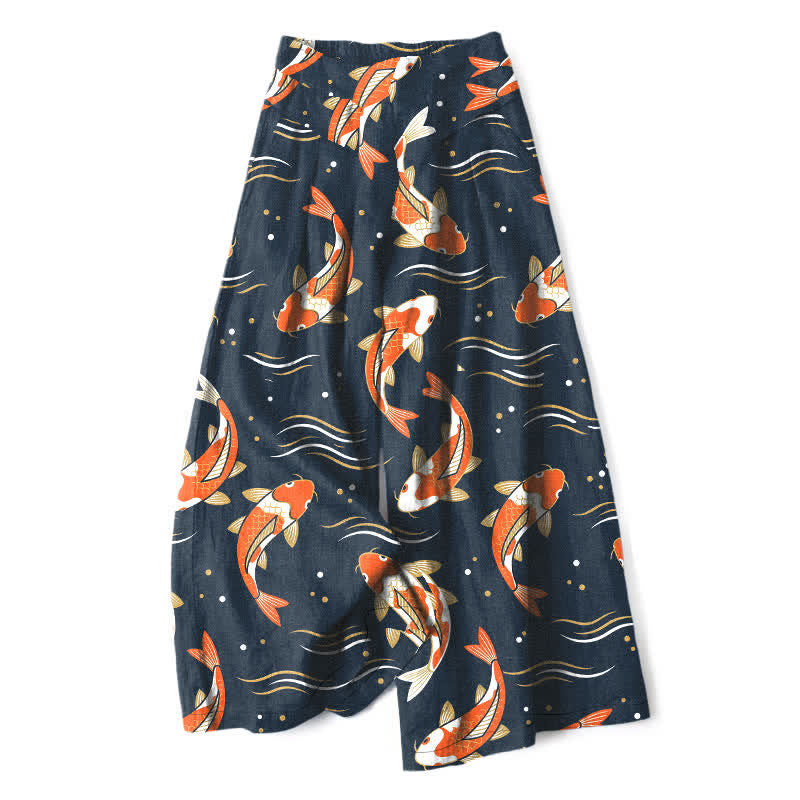 Buddha Stones Katoenen linnen damesbroek met koi-visprint, elastische Taille en wijde pijpen, inclusief Zakken. - Marine - US16, UK/AU20, EU48 (3XL) - image 0