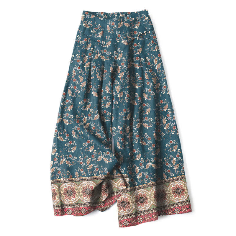 Buddha Stones Damesbroek met elastische Taille, wijde pijpen, bohemian bloemenprint, katoen-linnenstof en Zakken. - Teal - US16, UK/AU20, EU48 (3XL) - image 0