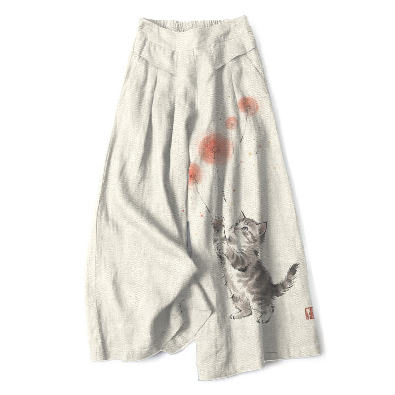 Buddha Stones Katoenen linnen damesbroek met elastische Taille , wijde pijpen en Zakken , met waterverfprint van een kat en bloemen. - Ivoor - US16, UK/AU20, EU48 (3XL) - image 0