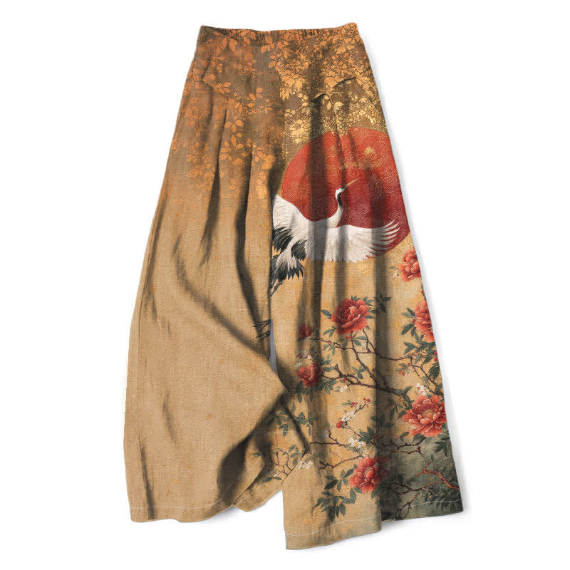 Buddha Stones Katoenen linnen damesbroek met wijde pijpen, elastische Taille en Zakken , met kraanvogel- en bloemenpatroon. - Bruinen - US16, UK/AU20, EU48 (3XL) - image 0