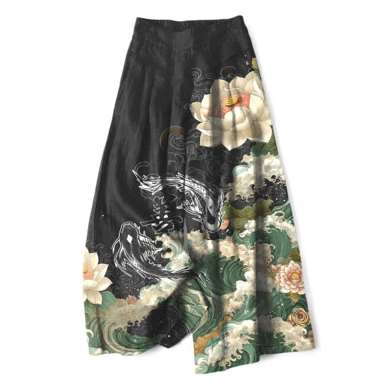 Buddha Stones Katoenen linnen damesbroek met wijde pijpen, elastische Taille en Zakken , met lotus- en koi-golfpatroon. - Zwart - US16, UK/AU20, EU48 (3XL) - image 0