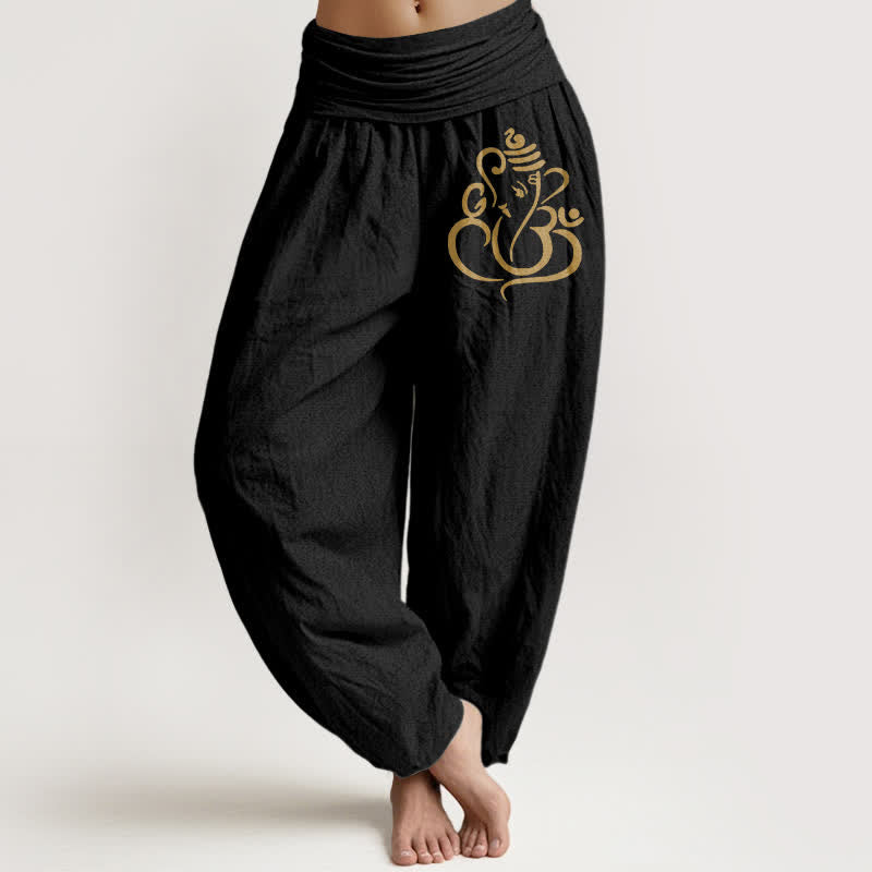 Buddha Stones Harembroek voor dames met elastische Taille en gouden Ganesha-patroon van 100% Cotton - Zwart - US16, UK/AU20, EU48 (3XL) - image 0