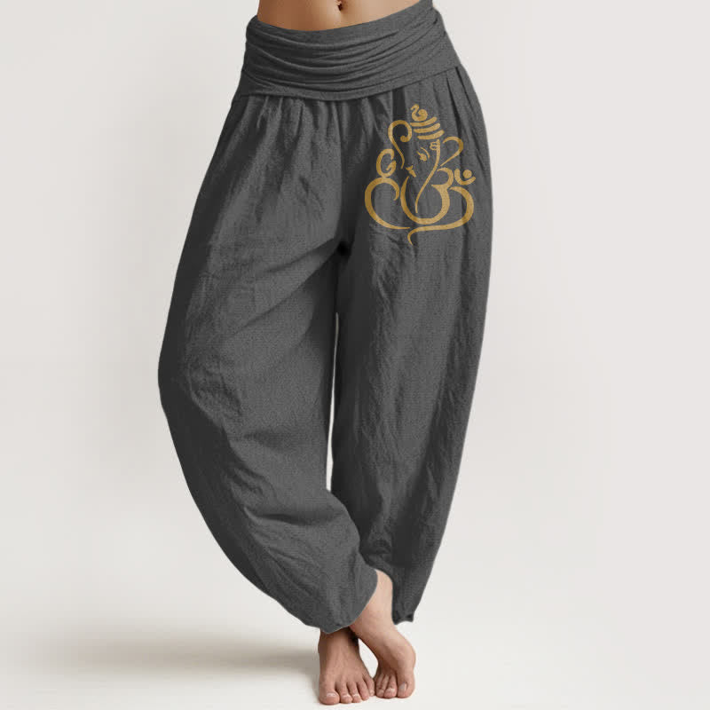 Buddha Stones Harembroek voor dames met elastische Taille en gouden Ganesha-patroon van 100% Cotton - Donkergrijs - US16, UK/AU20, EU48 (3XL) - image 8